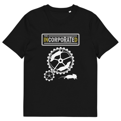 A black short sleeved crew neck t-shirt with a text heading of " The Incorporated" above an image of rats running around a wheel.