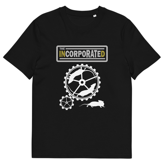 A black short sleeved crew neck t-shirt with a text heading of " The Incorporated" above an image of rats running around a wheel.