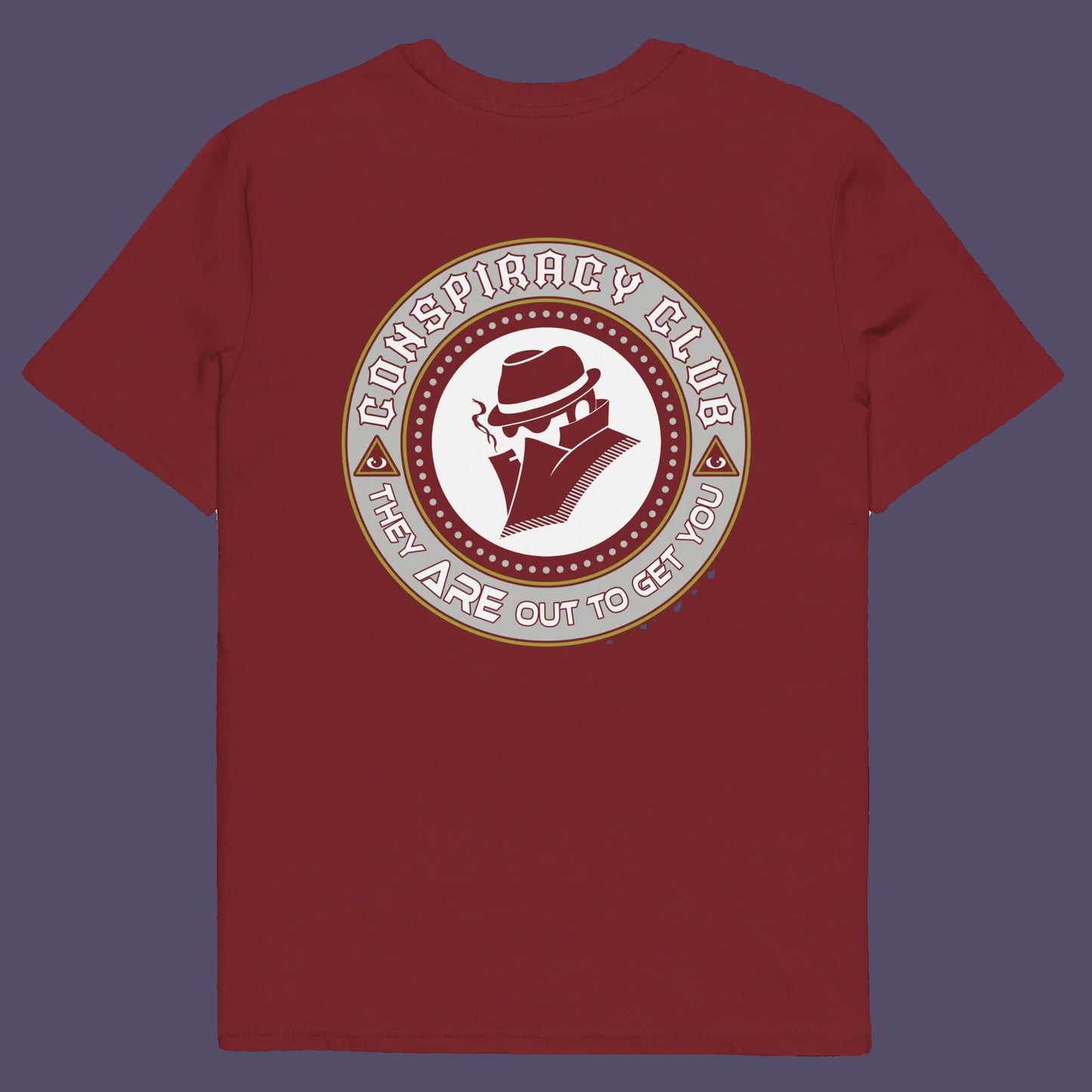 Burgundy t shirt back. A conspiracy theorist t shirt. These days there's a conspiracy theory for every occasion, join the club, expand your alternative imagination. Think outside the box. Underground art on apparel. Made from 100% organic ring-spun cotton, these conspiracy theory t shirts are unisex, high-quality, super comfy, and best of all, eco-friendly.