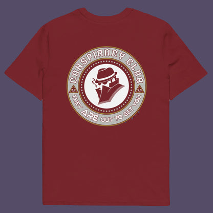 Burgundy t shirt back. A conspiracy theorist t shirt. These days there's a conspiracy theory for every occasion, join the club, expand your alternative imagination. Think outside the box. Underground art on apparel. Made from 100% organic ring-spun cotton, these conspiracy theory t shirts are unisex, high-quality, super comfy, and best of all, eco-friendly.