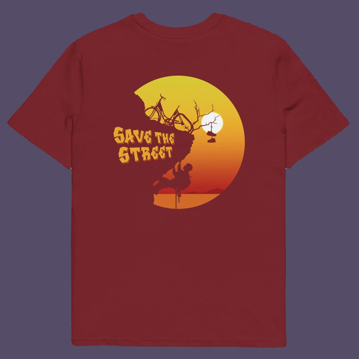 Burgundy t shirt back. A street art t shirt design paying homage to street life. As our society increasingly turns to an online based community it's worth giving a shout out to where the real community is based, on the streets! Let's keep them full of life. Made from 100% organic ring-spun cotton, these street art t shirts are unisex, high quality, super comfy, and best of all, eco-friendly.