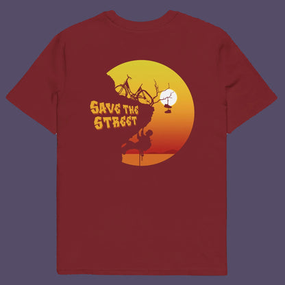 Burgundy t shirt back. A street art t shirt design paying homage to street life. As our society increasingly turns to an online based community it's worth giving a shout out to where the real community is based, on the streets! Let's keep them full of life. Made from 100% organic ring-spun cotton, these street art t shirts are unisex, high quality, super comfy, and best of all, eco-friendly.