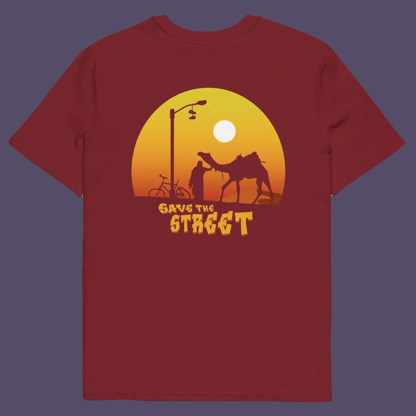Burgundy t shirt back. This street art t shirt stencil represents inner city street life as a culture of it's own. There is a ground level reality mixed with trustworthy honestly at street level in towns and cities across the planet. Wherever you are in the world, may the street be with you. Made from 100% organic ring-spun cotton, this urban art t shirt is unisex, high-quality, super comfy, and best of all, eco-friendly.