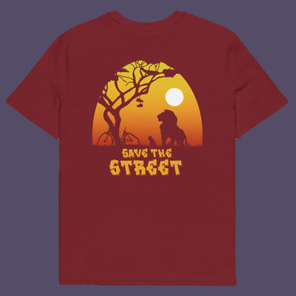 Burgundy t shirt back. This street art t shirt stencil represents inner city street life as a culture of it's own. There is a ground level reality mixed with trustworthy honestly at street level in towns and cities across the planet that cannot be replicated by social media. Wherever you are in the world, may the street be with you. Made from 100% organic ring-spun cotton, this urban art t shirt is unisex, high-quality, super comfy, and best of all, eco-friendly.