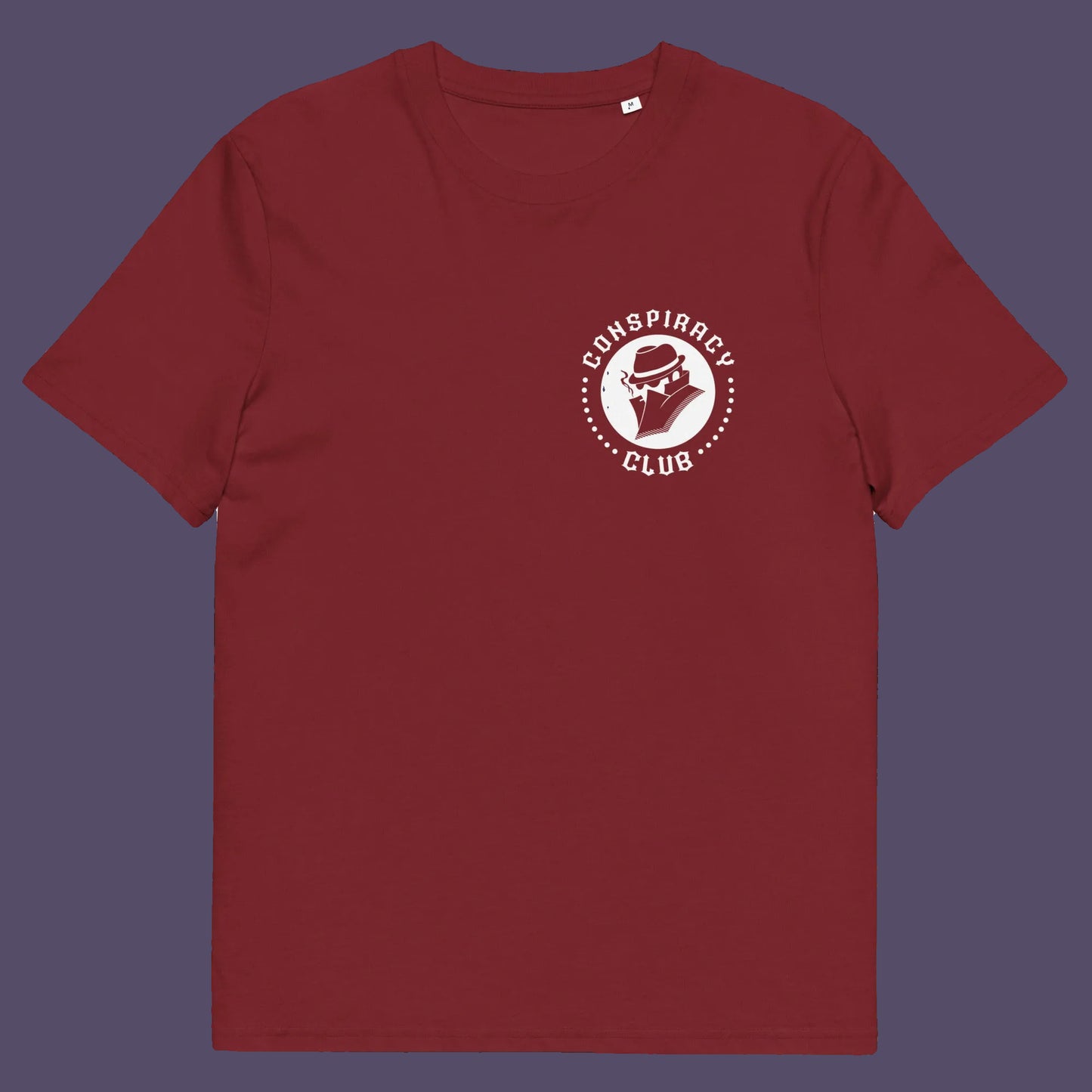 Burgundy t shirt front. A conspiracy theorist t shirt. These days there's a conspiracy theory for every occasion, join the club, expand your alternative imagination. Think outside the box. Underground art on apparel. Made from 100% organic ring-spun cotton, these conspiracy theory t shirts are unisex, high-quality, super comfy, and best of all, eco-friendly.