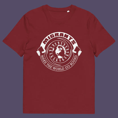 burgundy t shirt. An anti racism t shirt showing support for migrants. If you believe that migrants help keep the gene pool fresh and encourage culture growth, or just believe there should be no borders, this migrant rights t shirt is for you. Made from 100% organic ring-spun cotton, this anti racism t shirt is unisex, high-quality, super comfy, and best of all, eco-friendly.