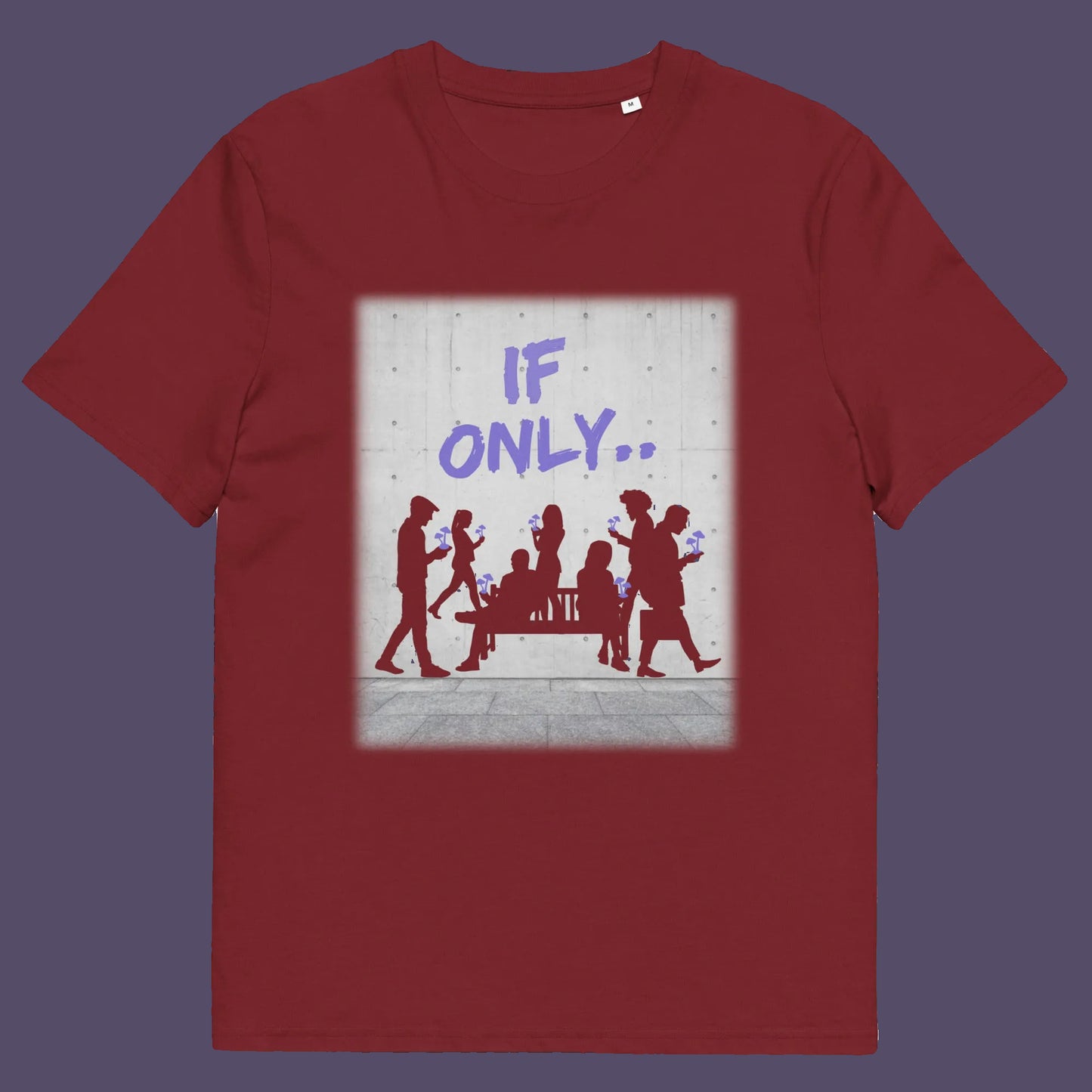 Burgundy t shirt. An anti mobile phone abuse t shirt in a stencil graffiti art design. Wouldn't it be a better world if people had something more mind expanding to be obsessed with other than a mobile phone. Made from 100% organic ring-spun cotton, this anti mobile phone abuse t shirt is unisex, high-quality, super comfy, and best of all, eco-friendly.