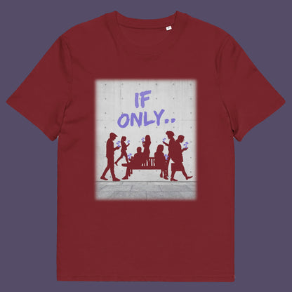 Burgundy t shirt. An anti mobile phone abuse t shirt in a stencil graffiti art design. Wouldn't it be a better world if people had something more mind expanding to be obsessed with other than a mobile phone. Made from 100% organic ring-spun cotton, this anti mobile phone abuse t shirt is unisex, high-quality, super comfy, and best of all, eco-friendly.