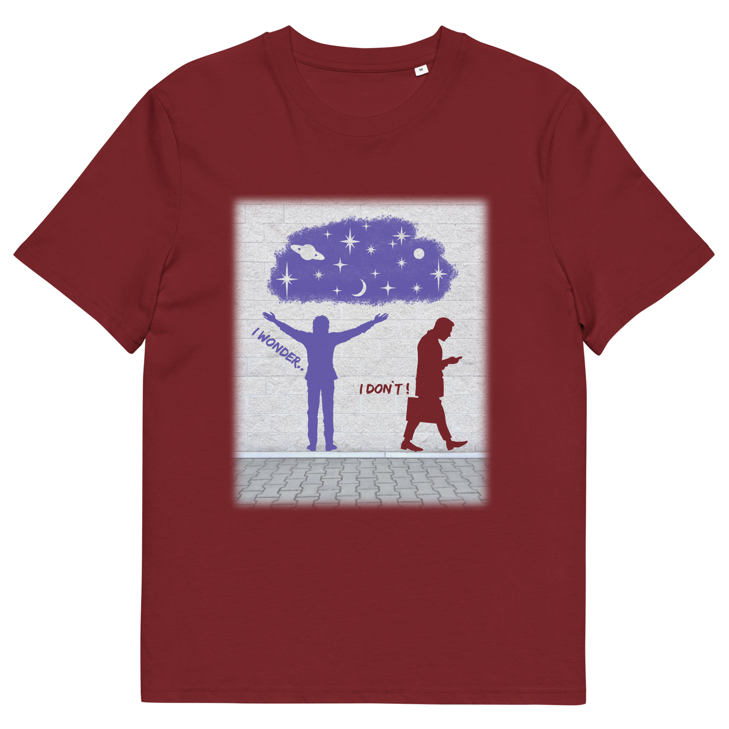 Burgundy t shirt. This anti mobile phone abuse t shirt light heartedly pokes fun at people who never look up from their phone. If you believe letting a machine do most of your thinking for you will dull your imagination, this satirical design is for you. Made from 100% organic ring-spun cotton, these anti mobile phone abuse t shirts are unisex, high quality, super comfy, and best of all, eco-friendly.