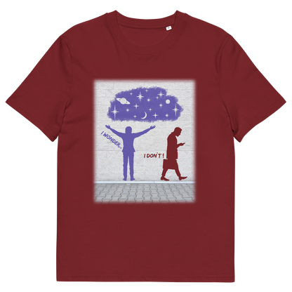 Burgundy t shirt. This anti mobile phone abuse t shirt light heartedly pokes fun at people who never look up from their phone. If you believe letting a machine do most of your thinking for you will dull your imagination, this satirical design is for you. Made from 100% organic ring-spun cotton, these anti mobile phone abuse t shirts are unisex, high quality, super comfy, and best of all, eco-friendly.