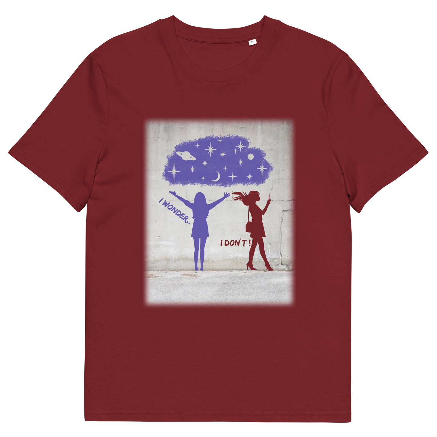 Burgundy t shirt. This anti mobile phone abuse t shirt light heartedly pokes fun at people who never look up from their phone. If you believe letting a machine do most of your thinking for you will dull your imagination, this satirical design is for you. Made from 100% organic ring-spun cotton, these anti mobile phone abuse t shirts are unisex, high quality, super comfy, and best of all, eco-friendly.