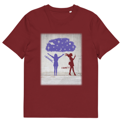 Burgundy t shirt. This anti mobile phone abuse t shirt light heartedly pokes fun at people who never look up from their phone. If you believe letting a machine do most of your thinking for you will dull your imagination, this satirical design is for you. Made from 100% organic ring-spun cotton, these anti mobile phone abuse t shirts are unisex, high quality, super comfy, and best of all, eco-friendly.