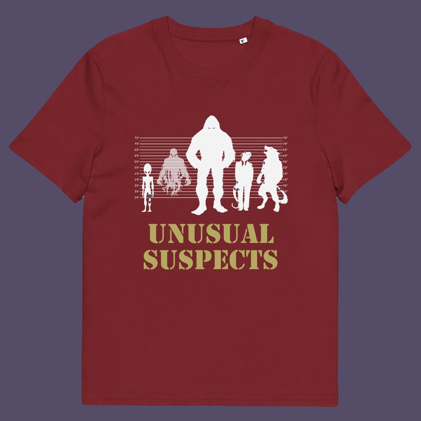 Burgundy t shirt. A conspiracy theorist t shirt for movie lovers. From bigfoot to aliens, these are the personnel responsible for most cover ups and disputed existences. This imaginative stencil art design is for people who think outside the box. Made from 100% organic ring-spun cotton, this witty conspiracy theory t-shirt is unisex, high-quality, super comfy, and best of all, eco-friendly.