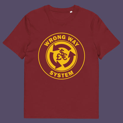 Burgundy t shirt. A non conformist t shirt in the form of a road sign reminder that it's possibly not been the best idea to build our society around money. Wrong direction, change the system ! Made from 100% organic ring-spun cotton, this social awareness t shirt is unisex, high-quality, super comfy, and best of all, eco-friendly. A great choice for an anti capitalist socio economic demonstration.