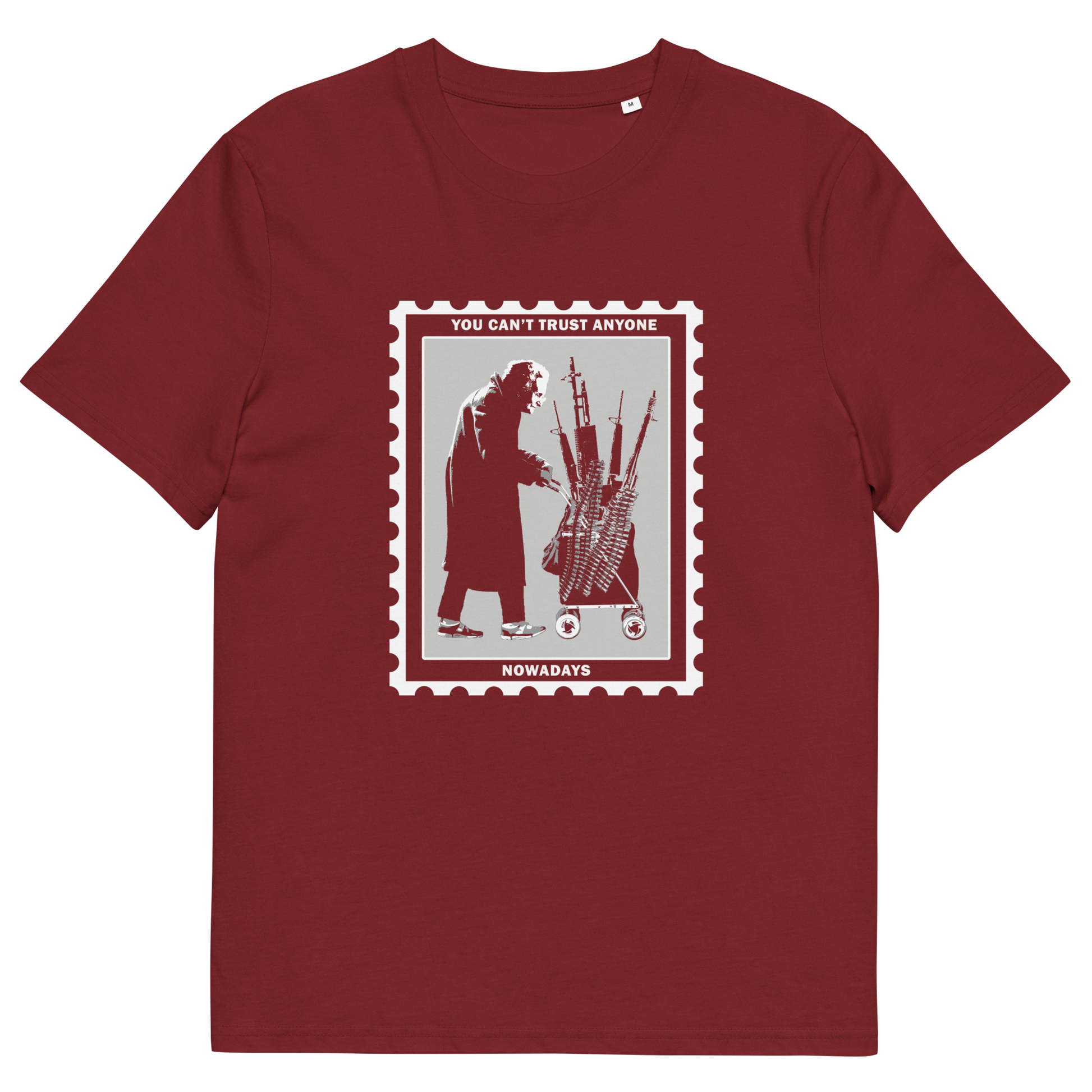 Burgundy t shirt. A stencil graffiti t shirt displaying a humorous view of how careful you have to be living in a culture of fear when you come from a more trusting generation. Made from 100% organic ring-spun cotton, this urban art t shirt is unisex, high-quality, super comfy, and best of all, eco-friendly.
