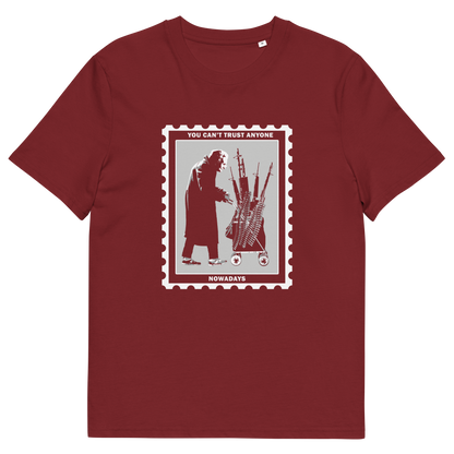 Burgundy t shirt. A stencil graffiti t shirt displaying a humorous view of how careful you have to be living in a culture of fear when you come from a more trusting generation. Made from 100% organic ring-spun cotton, this urban art t shirt is unisex, high-quality, super comfy, and best of all, eco-friendly.