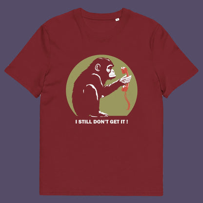 Burgundy t shirt. This anti smart phone abuse t-shirt design highlights the human obsession with smart phones and how strange it must look to an ape. An outsiders view of a world glued to mobile phones. Made from 100% organic ring-spun cotton, this anti mobile phone abuse t-shirt is unisex, high-quality, super comfy, and best of all, eco-friendly.