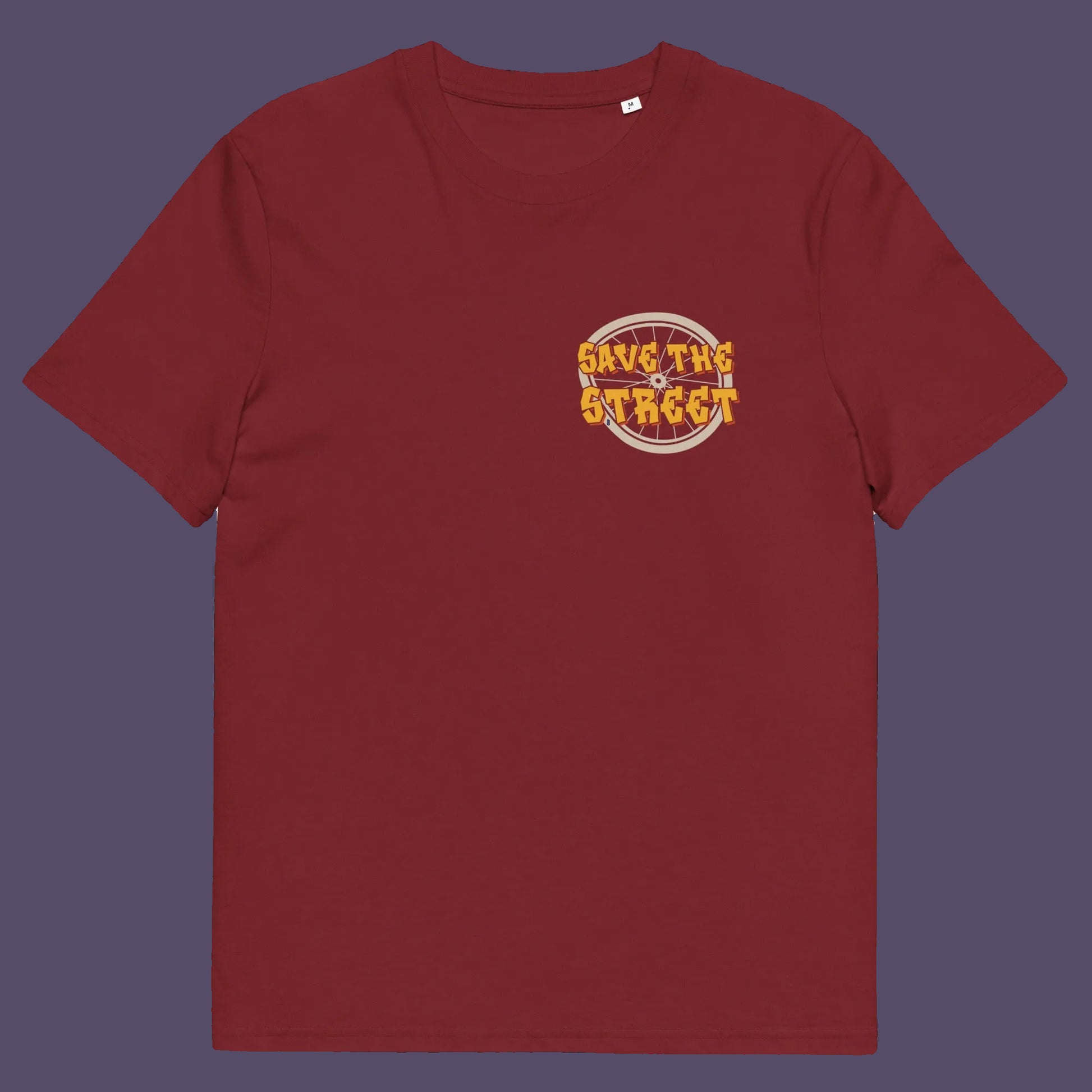 Burgundy t shirt front. This street art t shirt stencil represents inner city street life as a culture of it's own. There is a ground level reality mixed with trustworthy honestly at street level in towns and cities across the planet. Wherever you are in the world, may the street be with you. Made from 100% organic ring-spun cotton, this urban art t shirt is unisex, high-quality, super comfy, and best of all, eco-friendly.