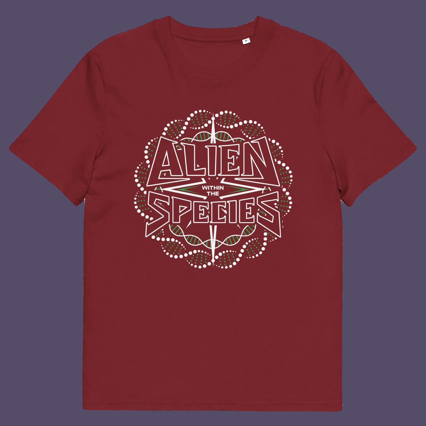 Burgundy t shirt. This non conformist t shirt expands the use of the word 'Alien'. This design is ideal for everyone that feels they don't truly relate to the rest of humankind and modern society. Made from 100% organic ring-spun cotton, this counter culture t-shirt is unisex, high-quality, super comfy, and best of all, eco-friendly.