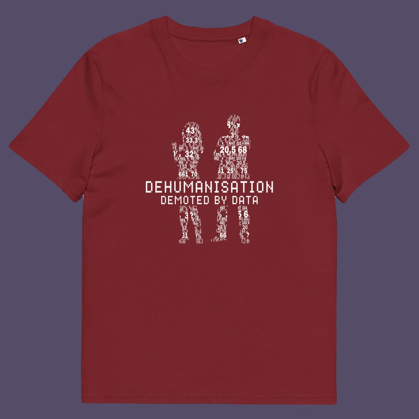 Burgundy t shirt. This broken society t shirt depicts the dehumanisation of the species by analysis and data collection. The more we view each other as statistics and numbers the further we move away from compassion and empathy. This design highlights the dark side of progression. Made from 100% organic ring-spun cotton, this dystopian t shirt is unisex, high-quality, super comfy, and best of all, eco-friendly.