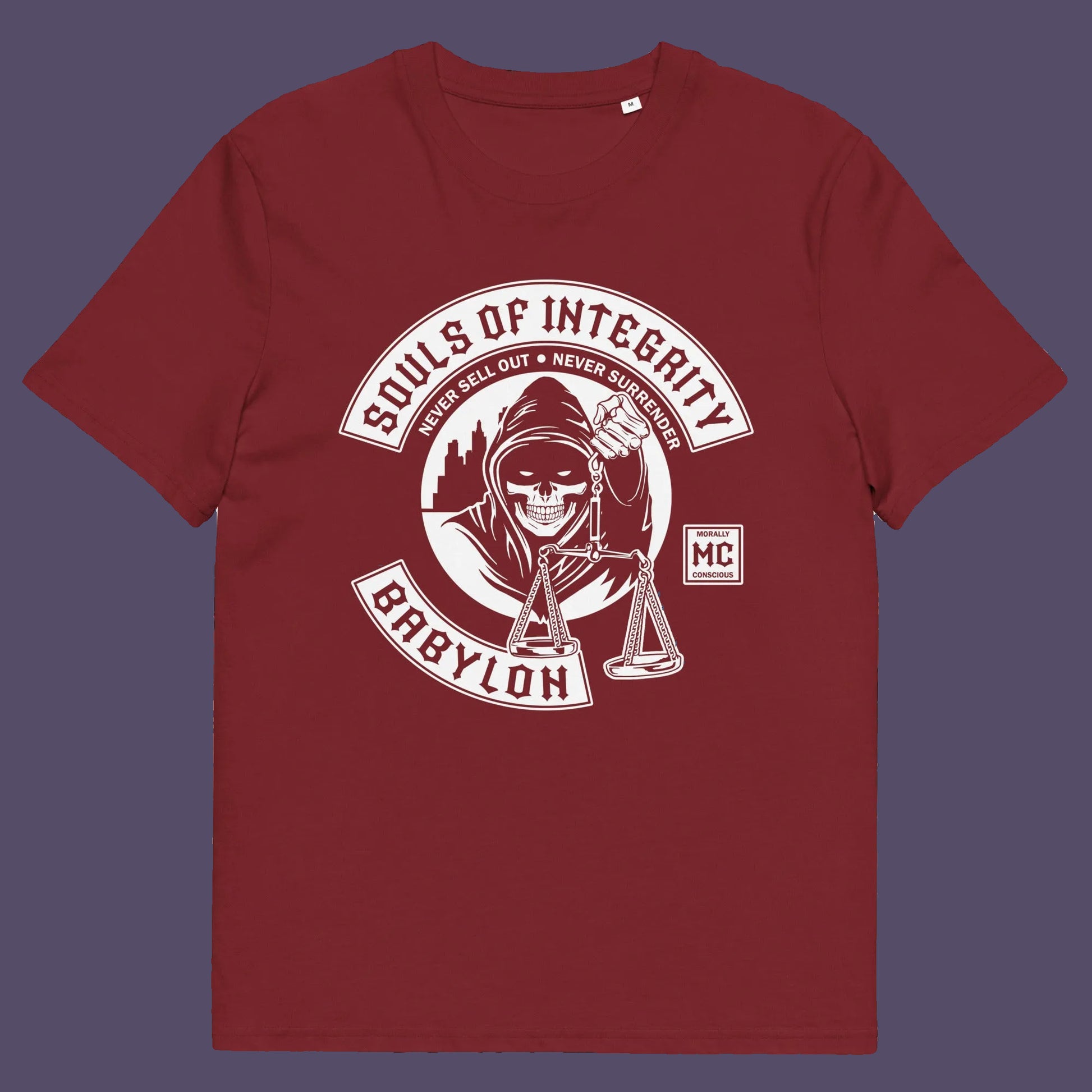 Burgundy t shirt. A social awareness t shirt promoting ethics and morality. A spoof motorcycle club design for people who still have integrity. This design satirically representing how few people are left with a moral conscience in a corrupt world, or as the Rastafarians call it, BABYLON. Made from 100% organic ring-spun cotton, these social issues t shirts are unisex, high-quality, super comfy, and best of all, eco-friendly.