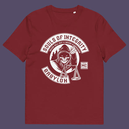 Burgundy t shirt. A social awareness t shirt promoting ethics and morality. A spoof motorcycle club design for people who still have integrity. This design satirically representing how few people are left with a moral conscience in a corrupt world, or as the Rastafarians call it, BABYLON. Made from 100% organic ring-spun cotton, these social issues t shirts are unisex, high-quality, super comfy, and best of all, eco-friendly.