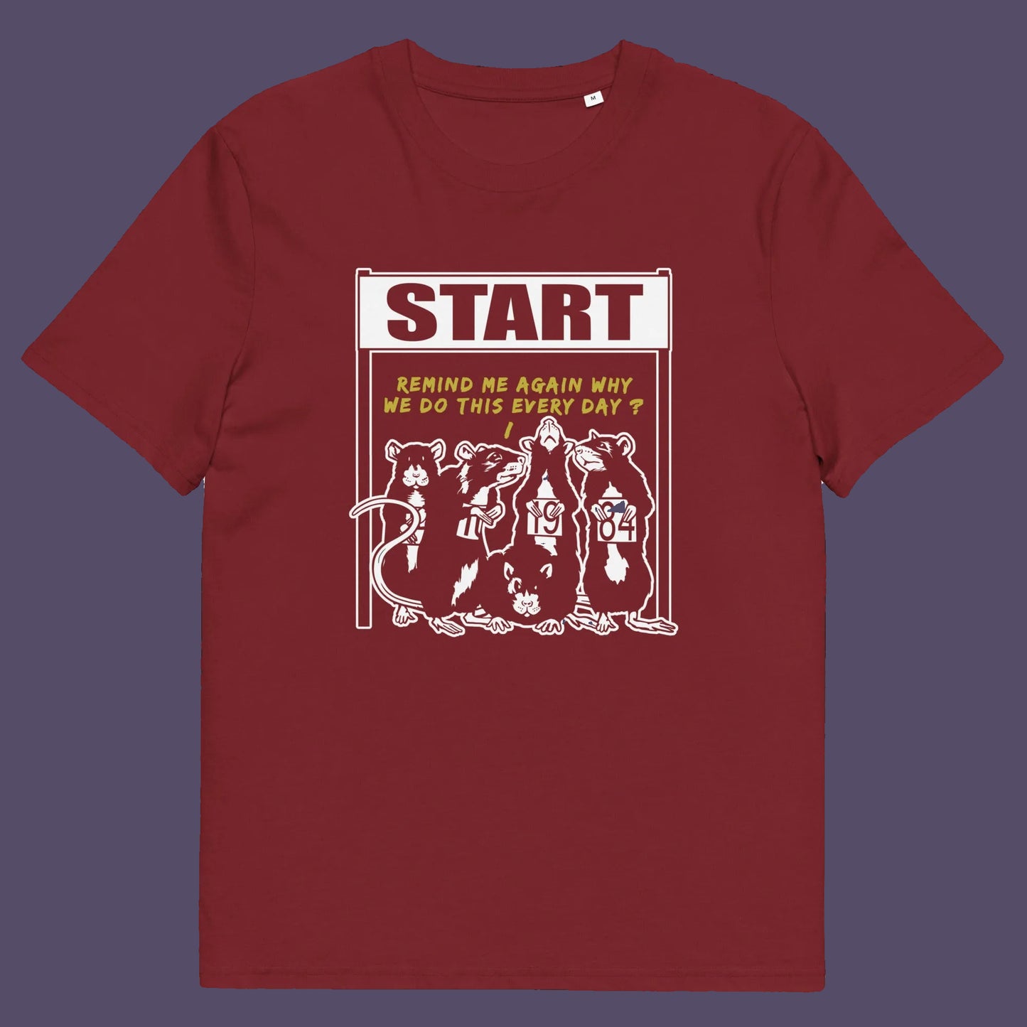 Burgundy t shirt. This stencil graffiti t shirt represents the monotony of everyday working life. A unique satirical design for those times when life starts to feel a little repetitive, unnecessary, and questionable. Made from 100% organic ring-spun cotton, this urban art t shirt is unisex, high-quality, super comfy, and best of all, eco-friendly.