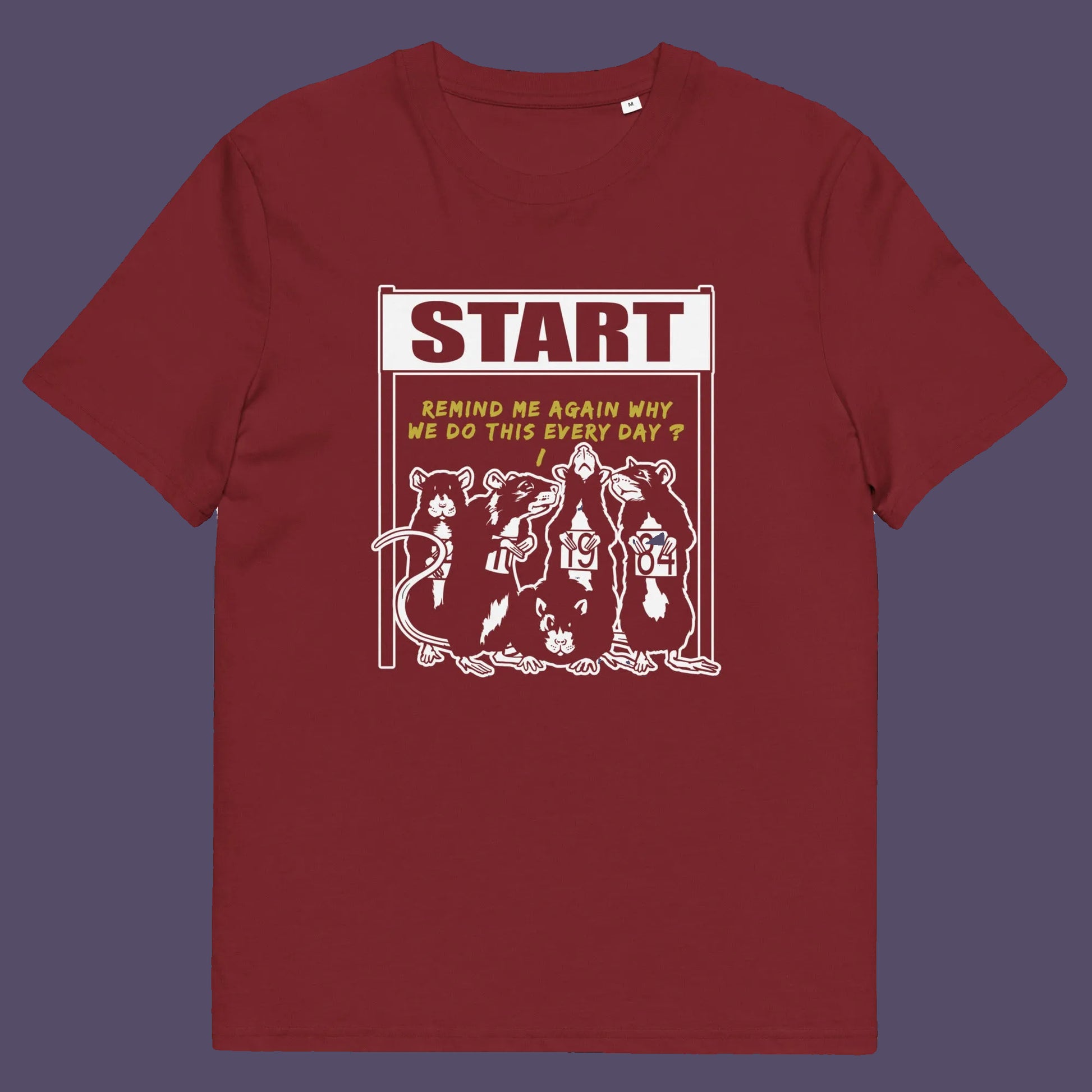 Burgundy t shirt. This stencil graffiti t shirt represents the monotony of everyday working life. A unique satirical design for those times when life starts to feel a little repetitive, unnecessary, and questionable. Made from 100% organic ring-spun cotton, this urban art t shirt is unisex, high-quality, super comfy, and best of all, eco-friendly.