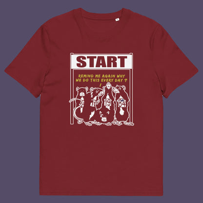 Burgundy t shirt. This stencil graffiti t shirt represents the monotony of everyday working life. A unique satirical design for those times when life starts to feel a little repetitive, unnecessary, and questionable. Made from 100% organic ring-spun cotton, this urban art t shirt is unisex, high-quality, super comfy, and best of all, eco-friendly.