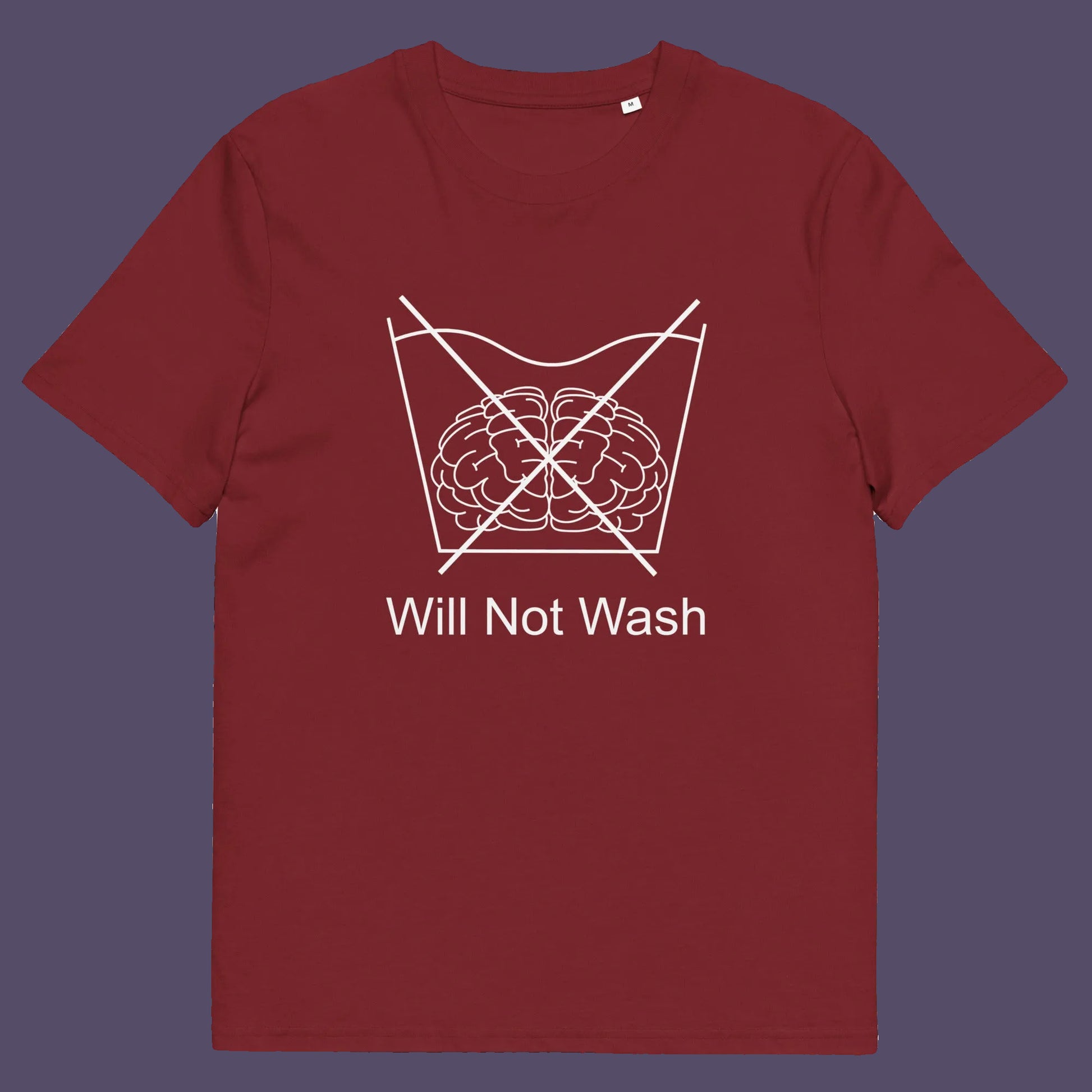 Burgundy t shirt. A self worth t shirt promoting a strong mind and a resistance to brainwashing. this unique anti-establishment t-shirt design is a play on washing instructions and highlights the mass influence and indoctrination in modern society. Made from 100% organic ring-spun cotton, this clever slogan t shirt is unisex, high-quality, super comfy, and best of all, eco-friendly.