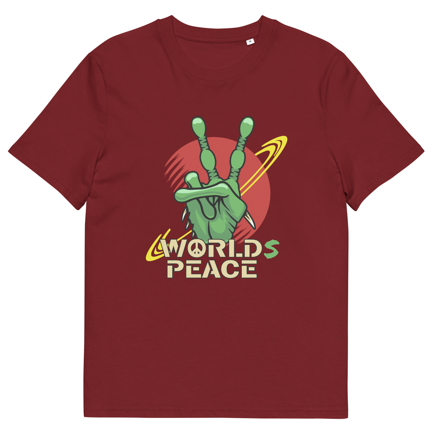 Burgundy t shirt. A world peace t shirt with an alien lovers twist. When we think of world peace lets not be selfish about it., lets include all Worlds. Made from 100% organic ring-spun cotton, this funny alien t shirt is unisex, high-quality, super comfy, and best of all, eco-friendly.