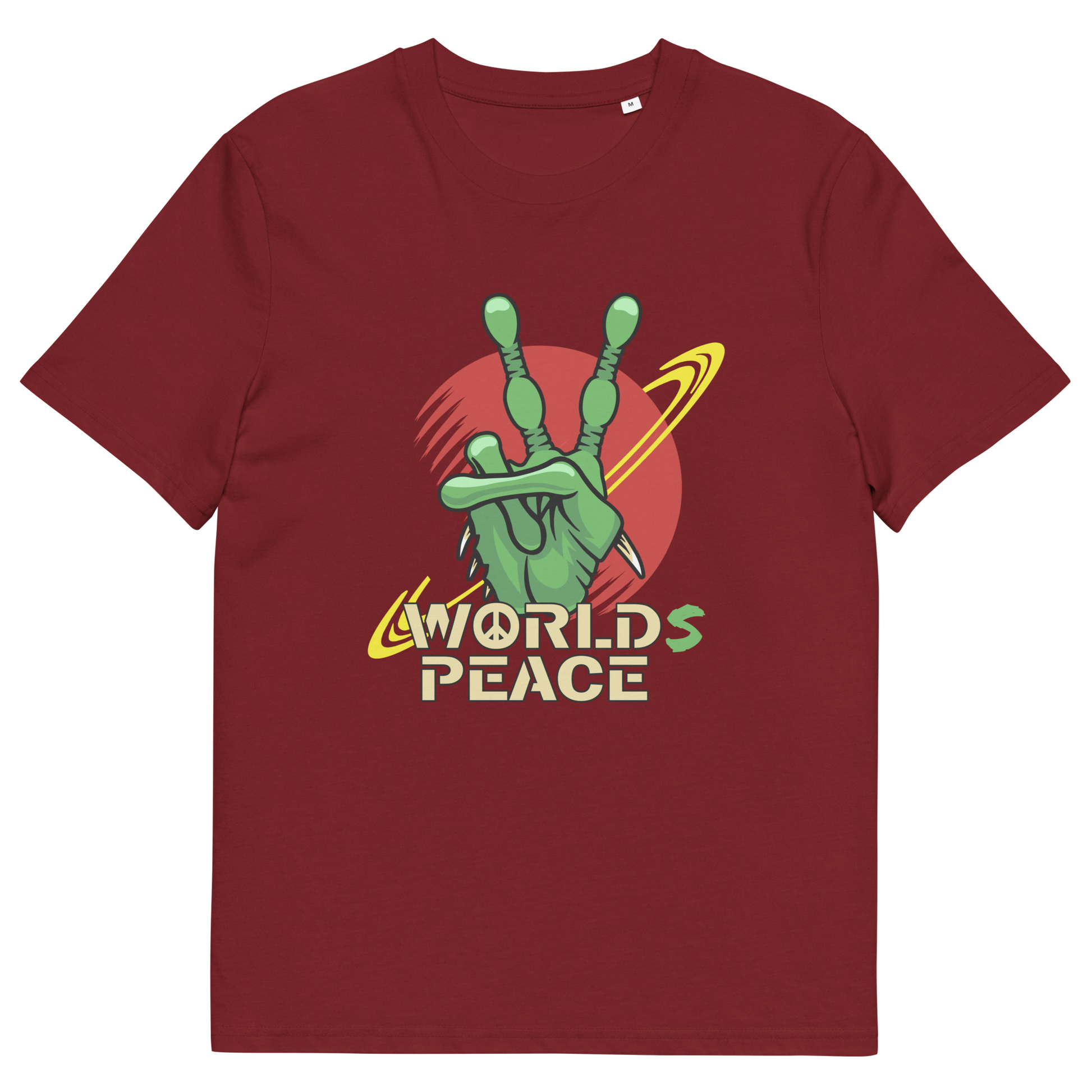 Burgundy t shirt. A world peace t shirt with an alien lovers twist. When we think of world peace lets not be selfish about it., lets include all Worlds. Made from 100% organic ring-spun cotton, this funny alien t shirt is unisex, high-quality, super comfy, and best of all, eco-friendly.