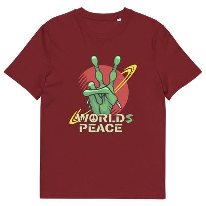 Burgundy t shirt. A world peace t shirt with an alien lovers twist. When we think of world peace lets not be selfish about it., lets include all Worlds. Made from 100% organic ring-spun cotton, this funny alien t shirt is unisex, high-quality, super comfy, and best of all, eco-friendly.