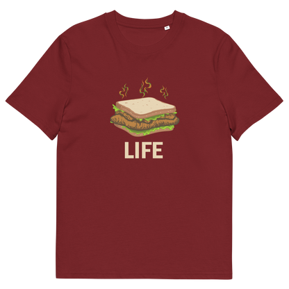 Burgundy t shirt. This broken society t shirt is for the more pessimistic of urban art lovers. A funny design for those days when you feel that life is just a dog shit sandwich. Made from 100% organic ring-spun cotton, these social issues t shirts are unisex, high quality, super comfy, and best of all, eco-friendly.