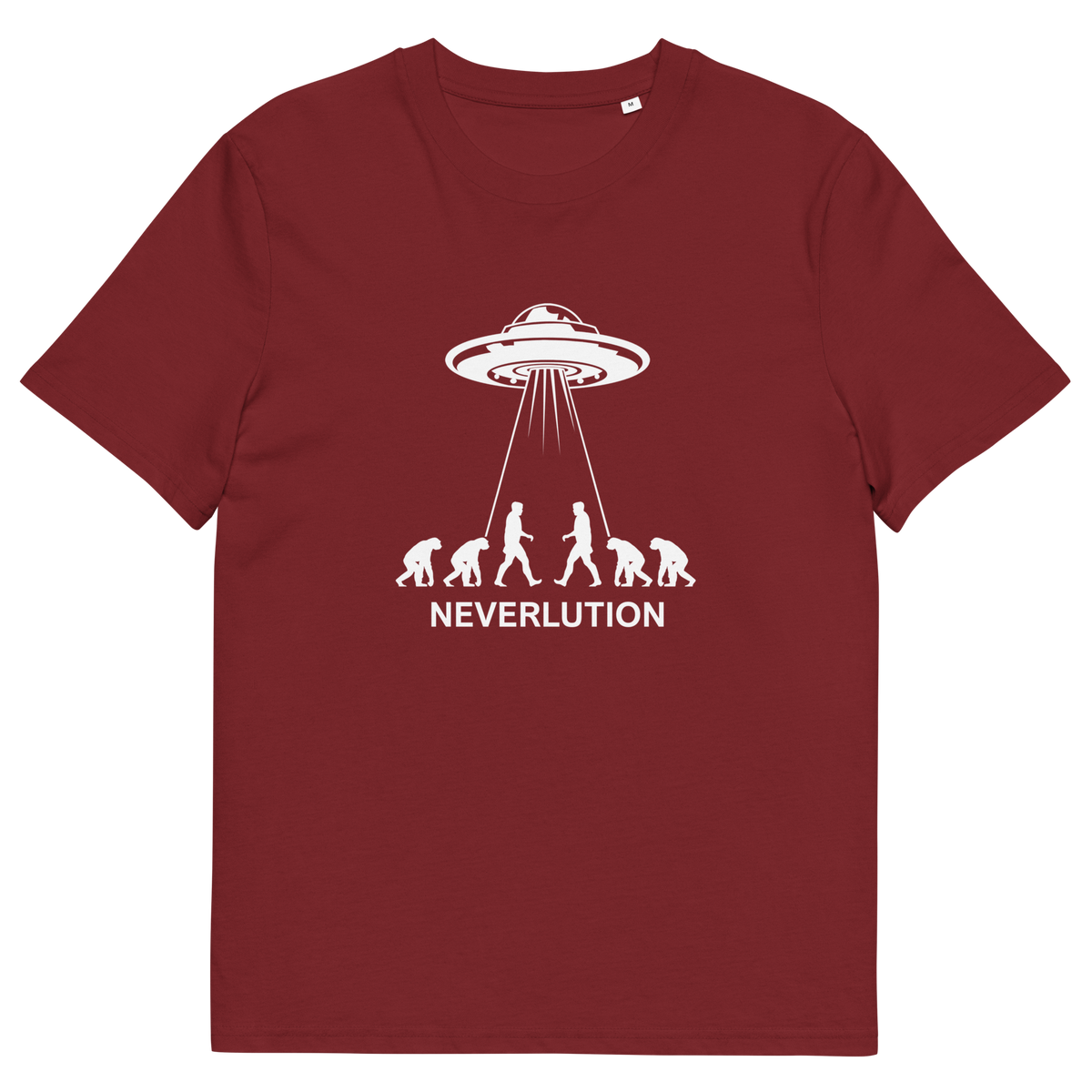 Burgundy t shirt. An alien conspiracy theory t-shirt suggesting a different path of our evolution. Did evolution never really happen the way we are told, or is there a more intergalactic and colourful answer ? Made from 100% organic ring-spun cotton, this conspiracy theory t-shirt is unisex, high-quality, super comfy, and best of all, eco-friendly.