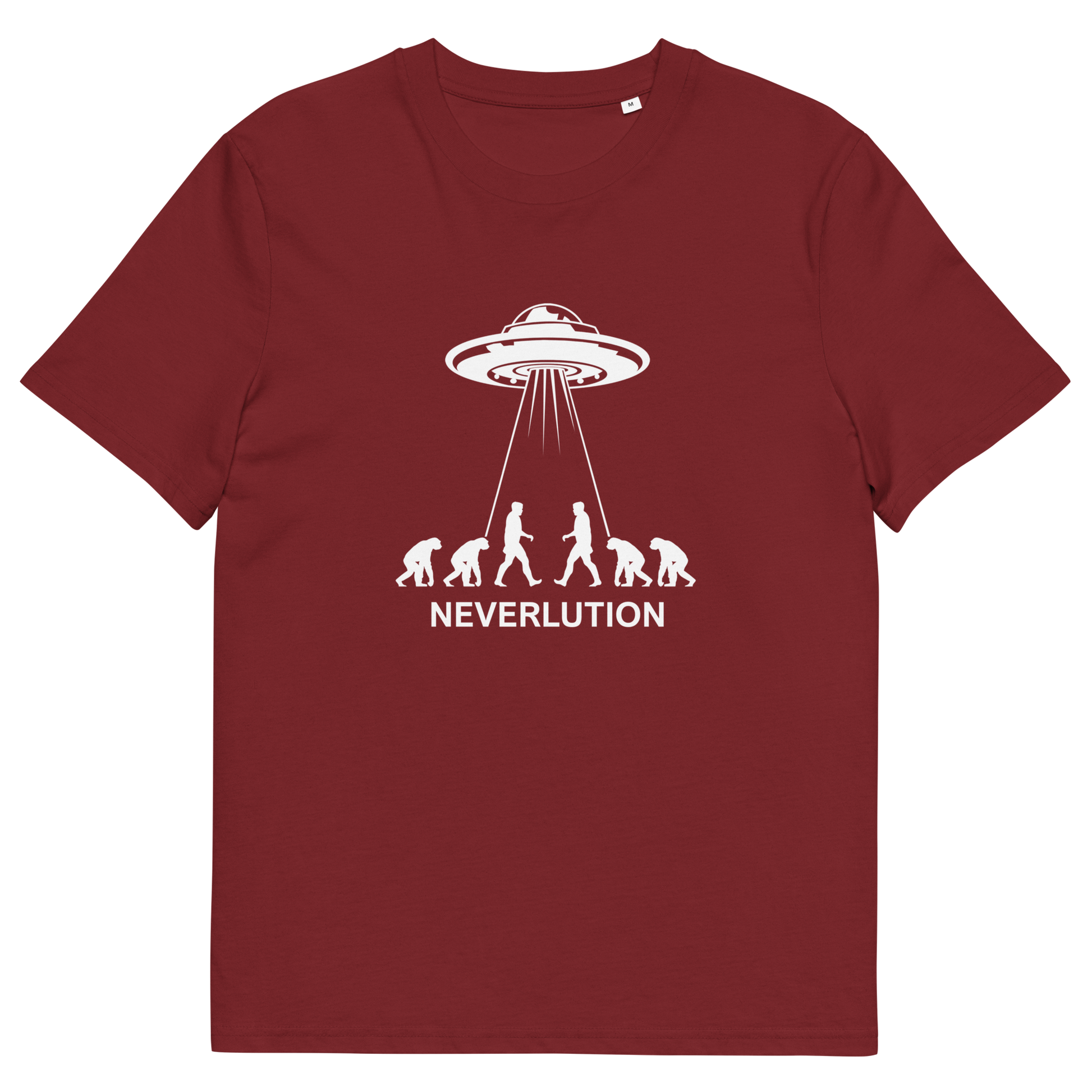 Burgundy t shirt. An alien conspiracy theory t-shirt suggesting a different path of our evolution. Did evolution never really happen the way we are told, or is there a more intergalactic and colourful answer ? Made from 100% organic ring-spun cotton, this conspiracy theory t-shirt is unisex, high-quality, super comfy, and best of all, eco-friendly.