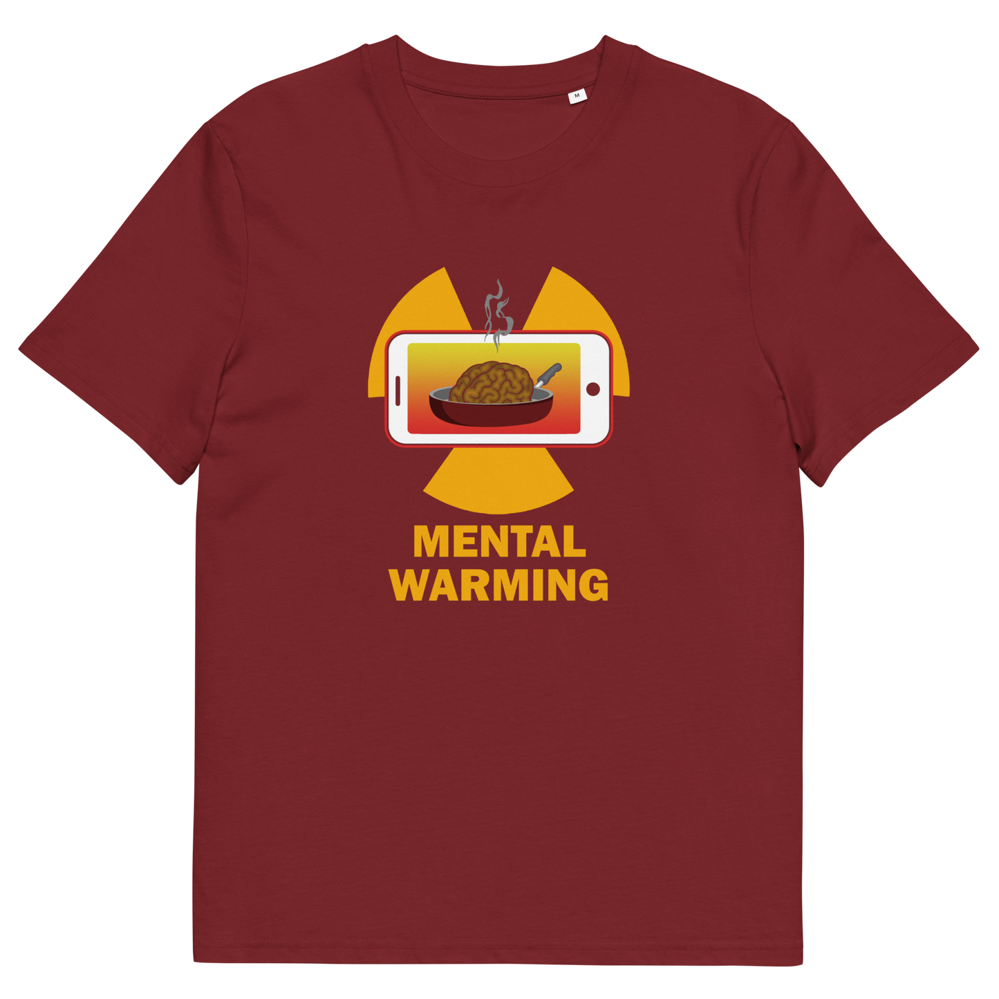 Burgundy t shirt. A save the environment t shirt looking at the affects of microwaves on the brain. If you are worried about global warming, look at what are we doing to our minds. This anti smart phone design reminds people that environmental issues are not our only concern. Made from 100% organic ring-spun cotton, this social awareness t-shirt is unisex, high-quality, super comfy, and best of all, eco-friendly.