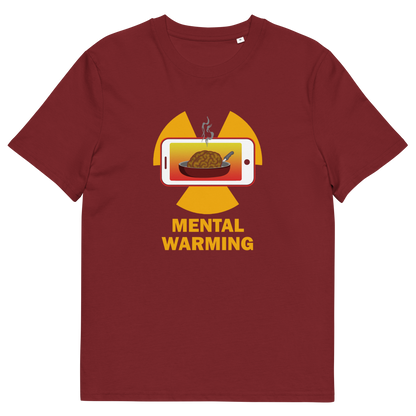 Burgundy t shirt. A save the environment t shirt looking at the affects of microwaves on the brain. If you are worried about global warming, look at what are we doing to our minds. This anti smart phone design reminds people that environmental issues are not our only concern. Made from 100% organic ring-spun cotton, this social awareness t-shirt is unisex, high-quality, super comfy, and best of all, eco-friendly.