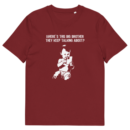 A burgundy short-sleeve crewneck t-shirt with a white graphic print of a baby holding a phone, with the text 'WHERE'S THIS BIG BROTHER THEY KEEP TALKING ABOUT?' above it.