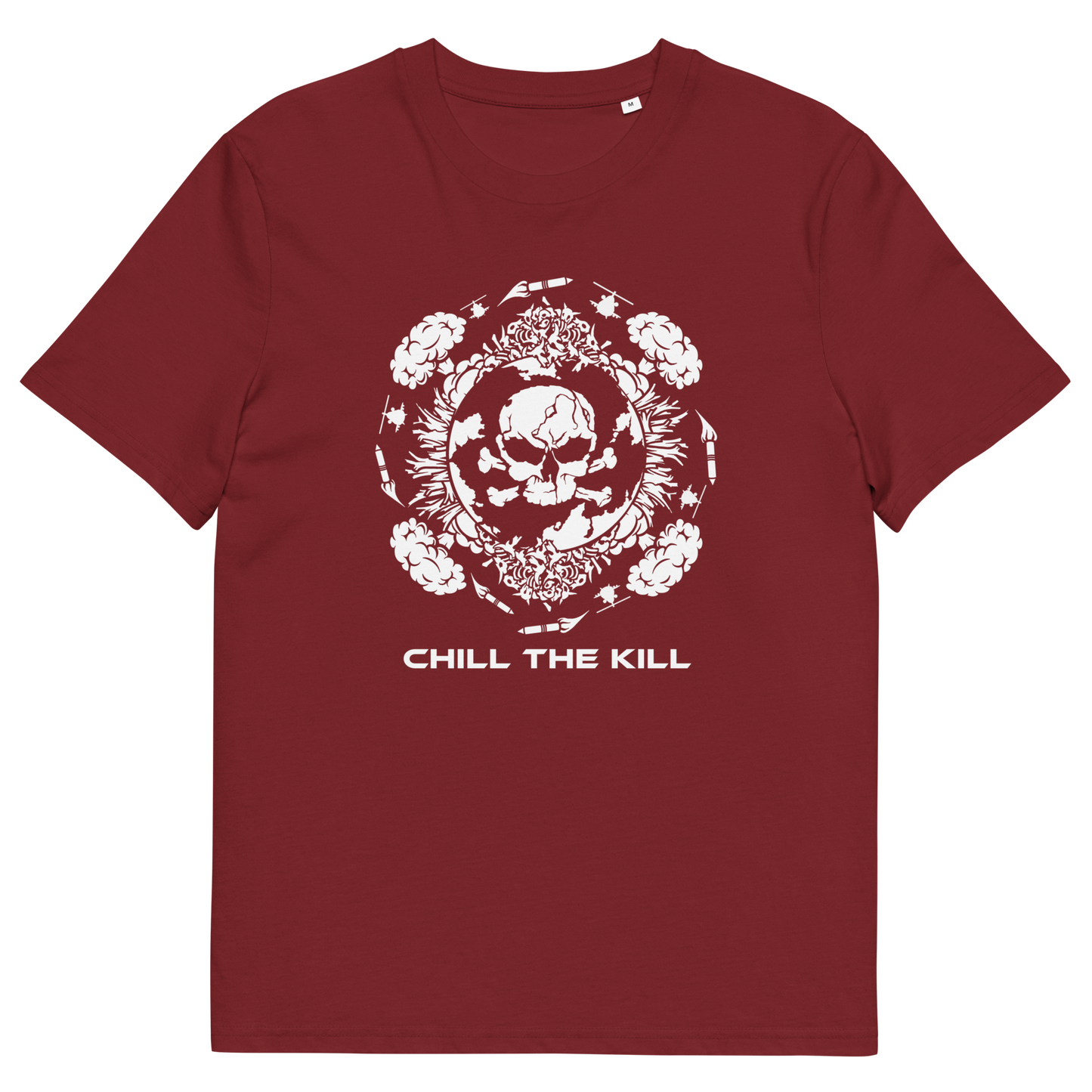A burgundy short-sleeve crewneck t-shirt with a white graphic print on the front featuring a skull inside a floral wreath and the text 'CHILL THE KILL' underneath.