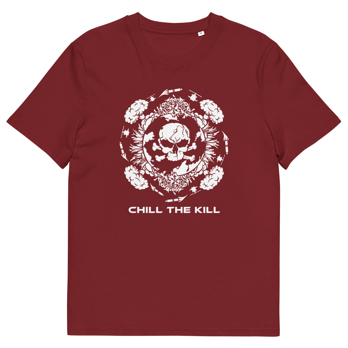 A burgundy short-sleeve crewneck t-shirt with a white graphic print on the front featuring a skull inside a floral wreath and the text 'CHILL THE KILL' underneath.