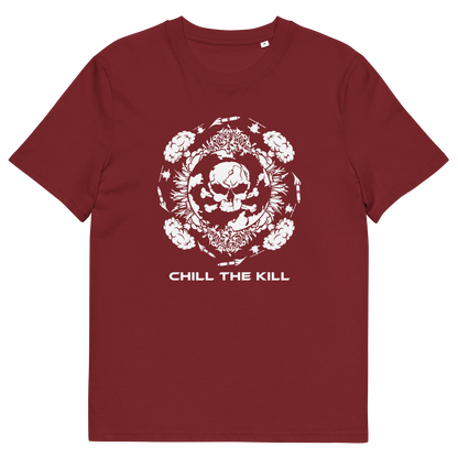 A burgundy short-sleeve crewneck t-shirt with a white graphic print on the front featuring a skull inside a floral wreath and the text 'CHILL THE KILL' underneath.