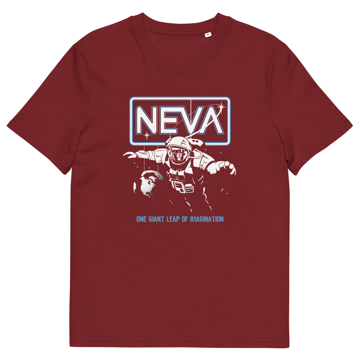A maroon crewneck t-shirt featuring a retro sci-fi graphic on the chest. The graphic displays the word 'NEVA' in a glowing neon sign above an astronaut in a space suit, with the text 'ONE GIANT LEAP OF IMAGINATION' printed below in light blue.