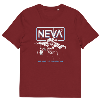 A maroon crewneck t-shirt featuring a retro sci-fi graphic on the chest. The graphic displays the word 'NEVA' in a glowing neon sign above an astronaut in a space suit, with the text 'ONE GIANT LEAP OF IMAGINATION' printed below in light blue.