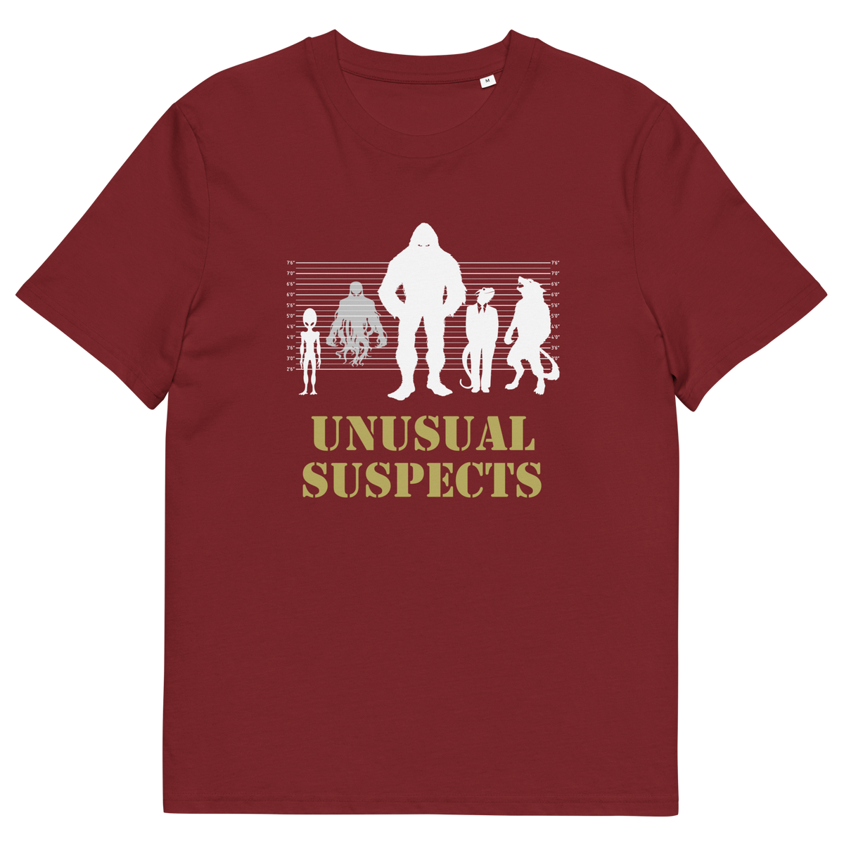 A burgundy short-sleeve crewneck t-shirt featuring a white graphic of various humanoid figures on a height chart with the text 'UNUSUAL SUSPECTS' printed below in a muted gold colour.