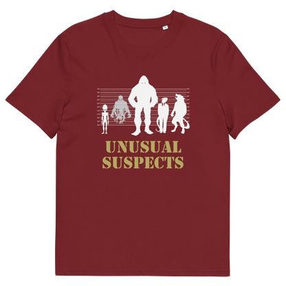 A burgundy short-sleeve crewneck t-shirt featuring a white graphic of various humanoid figures on a height chart with the text 'UNUSUAL SUSPECTS' printed below in a muted gold colour.