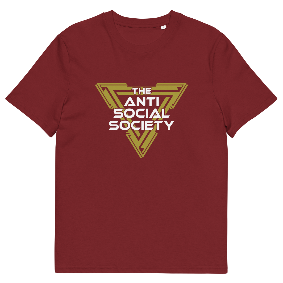 A burgundy short-sleeve crewneck t-shirt featuring a gold and white graphic on the chest that reads 'THE ANTI SOCIAL SOCIETY' inside a geometric triangular emblem.