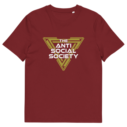 A burgundy short-sleeve crewneck t-shirt featuring a gold and white graphic on the chest that reads 'THE ANTI SOCIAL SOCIETY' inside a geometric triangular emblem.
