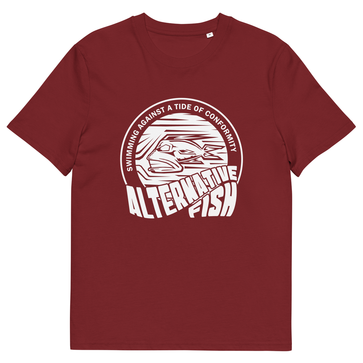 Burgundy T-shirt with An "ALTERNATIVE FISH" logo.