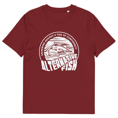 Burgundy T-shirt with An "ALTERNATIVE FISH" logo.